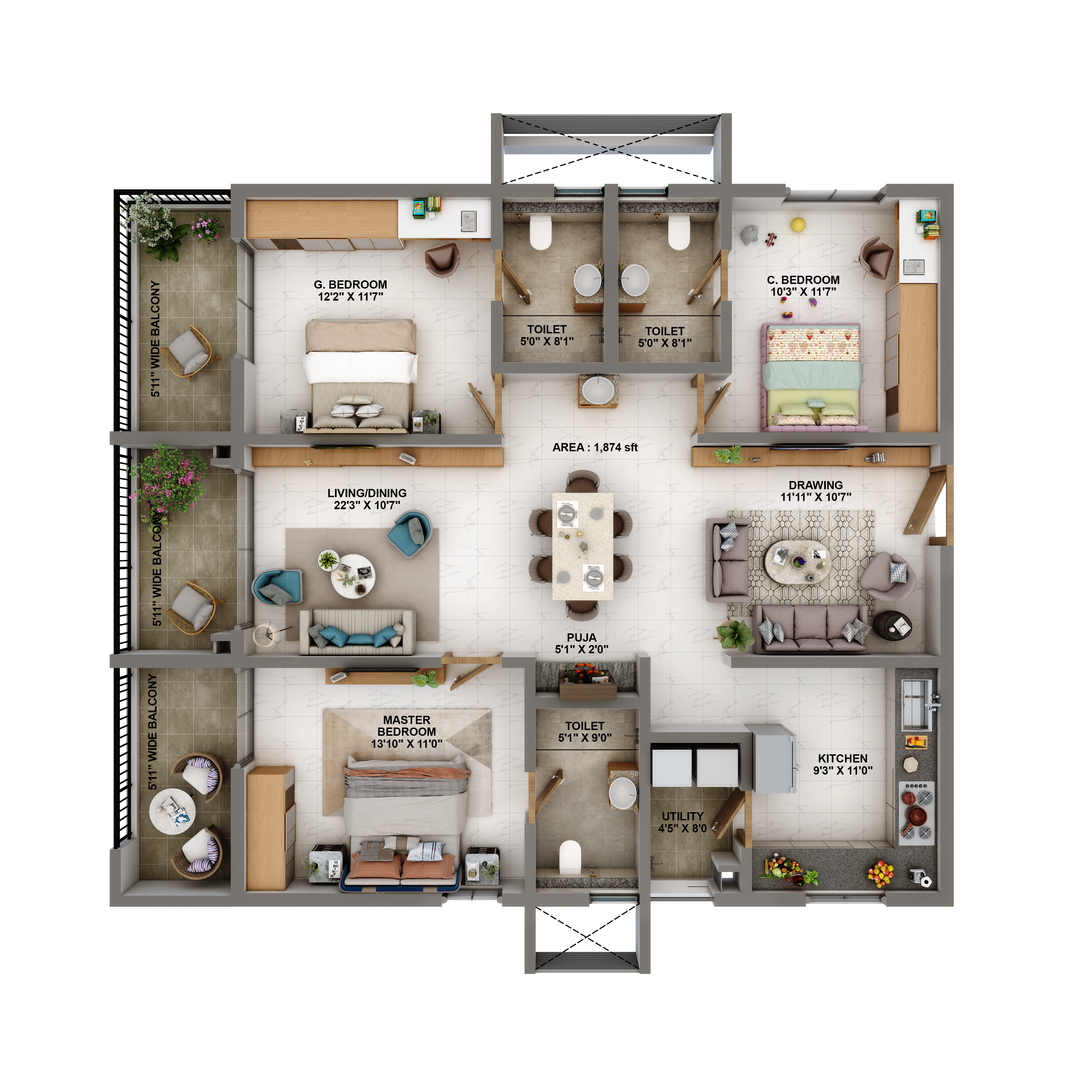 3 BHK Size- 1874 S.FT.